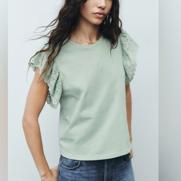 NWT Zara Green Day Ruffle Short Sleeves Round Neck Top T Shirt Size M - Picture 1 of 9